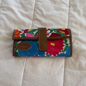 Colorful Floral Embroidered Wallet with Brown Accent